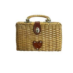 Vintage Lucky Bag Turn Lock Wicker Purse Leather Trim Heart Boho Fabric Lined